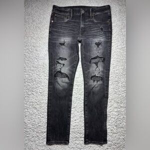 American Eagle Jeans Mens 32 x 30 Skinny Airflex 350 Black Distressed Holes